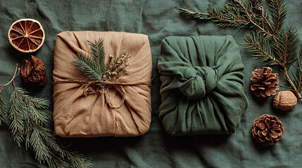 Zero waste Christmas gifts wrapped in kraft paper and green fabric, adorned with natural elements...