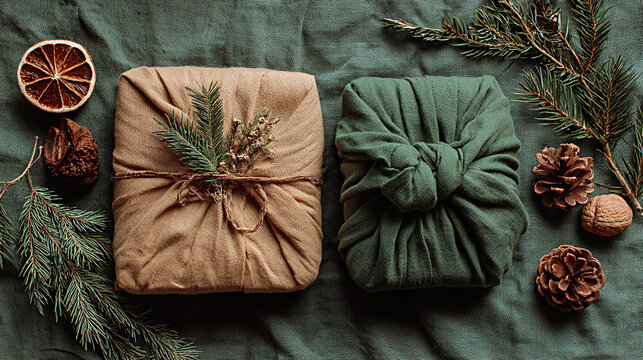 Zero waste Christmas gifts wrapped in kraft paper and green fabric, adorned with natural elements like pine and dried orange, creating a sustainable holiday atmosphere