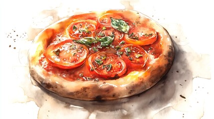 Traditional Neapolitan Pizza Marinara Watercolor Painting
