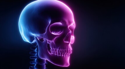 Neon Glowing Human Skull Illustration in 3D with Detailed Bones and Vivid Colors Set Against Dark Background