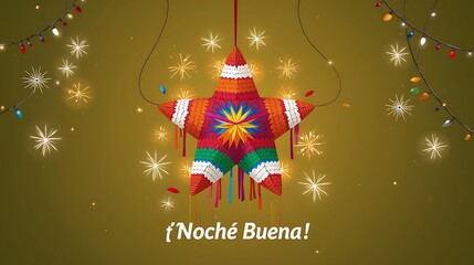 Noche buena star piñata with colorful tassels, hanging string lights, golden sparkles and festive confetti on warm background, spanish nochebuena christmas eve decoration banner for cards