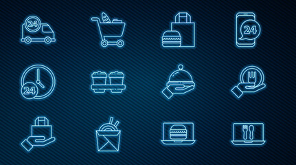 Set line Online ordering and delivery, burger, Coffee cup to go, Clock 24 hours, Fast by car, Covered with tray food and Shopping cart icon. Vector