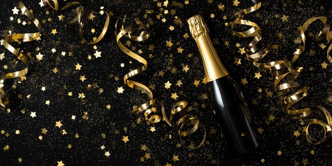 Luxury Celebration Background with Champagne and Golden Confetti. Happy New Year Background