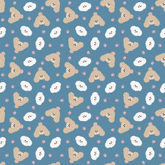 A cute dog head repeating seamless pattern in beige and white. A turquoise background decorated with pink paw prints for blankets, animal clothing and accessories, wrapping paper, scrapbooking, textil
