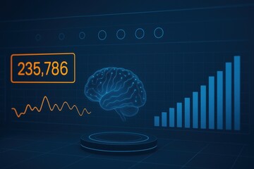 Analytics dashboard with glowing brain hologram and rising bar chart statistics
