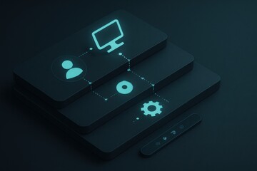 Abstract glowing layered digital interface with connected user icons
