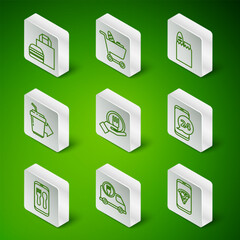 Set line Food ordering pizza, Fast delivery by car, Online burger, and, Coffee cup to go, Shopping cart food, and icon. Vector