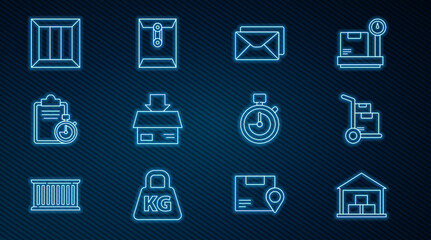 Set line Warehouse, Hand truck and boxes, Envelope, Carton cardboard, Verification of delivery list clipboard, Wooden, Stopwatch and icon. Vector