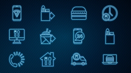 Set line Online ordering burger delivery, Shopping bag and food, Burger, noodles, Food pizza, and icon. Vector