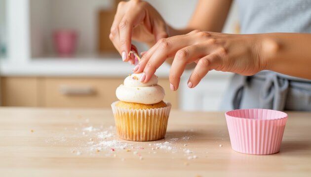 Young woman decorating birthday cupcake with frosting in kitchen  