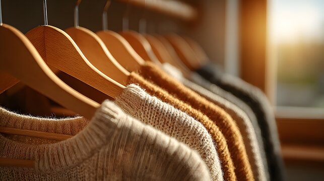 Rack of stylish, minimalist clothing on wooden hangers, illuminated by warm, golden light streaming through a window. Focus is on natural fabrics in a neutral palette.