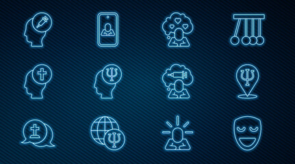 Set line Comedy theatrical mask, Psychology, Psi, Broken heart or divorce, Man graves funeral sorrow, Addiction to drug, and Psychologist online icon. Vector