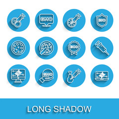 Set line Genetic engineering modification, GMO, Genetically modified meat, Gmo research chicken, Petri dish with bacteria, Syringe and Label for eco healthy food icon. Vector