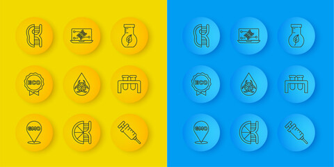 Set line GMO, Label for eco healthy food, Syringe, Test tube and flask, Genetically modified meat, and engineering modification icon. Vector