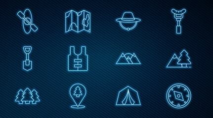 Set line Compass, Mountains with tree, Camping hat, Life jacket, Shovel, Kayak or canoe, and Location of the forest on map icon. Vector