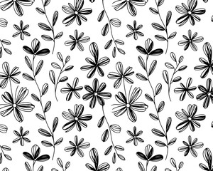 Floral pattern design black and white flowers leaves seamless repeat Vector illustration Simple mini