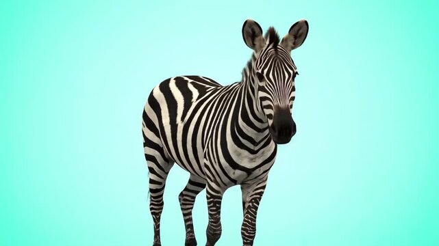 A zebra with black and white stripes stands against a solid light blue background The zebra faces the viewer directly