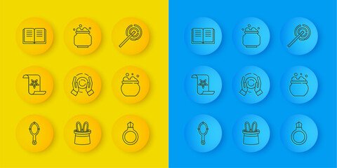 Set line Magic hand mirror, Ancient magic book, ball on, stone ring with gem, Witch cauldron, wand and icon. Vector