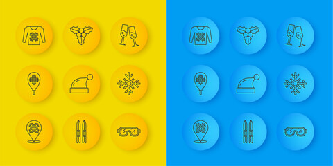 Set line Snowflake, Balloons with snowflake, Christmas Santa Claus hat, Ski goggles, sweater, Glass of champagne and Branch viburnum icon. Vector