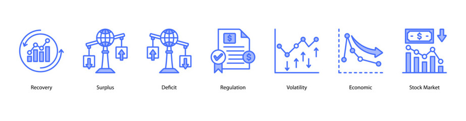 Economic Performance and Metrics web banner vector illustration featuring Surplus, Deficit, Regulation, Volatility, Economic, Stock Market, and Economic Crisis.