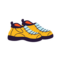 Yellow trendy sport shoes with black soles and blue laces, casual footwear for running, training, yoga and fitness theme. Vector illustration, hand drawn, flat, doodle design. Athletic sneakers