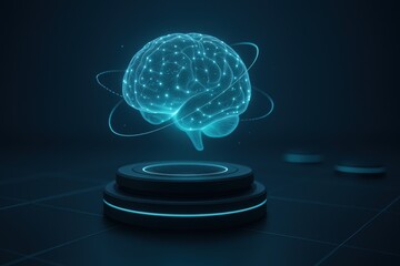 Glowing holographic brain with digital neural network and orbit lines
