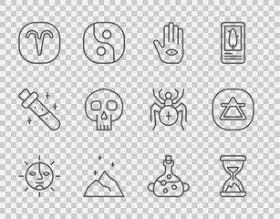 Set line Sun, Old hourglass with sand, Hamsa hand, Magic powder, Aries zodiac, Skull, Poison in bottle and Air element icon. Vector