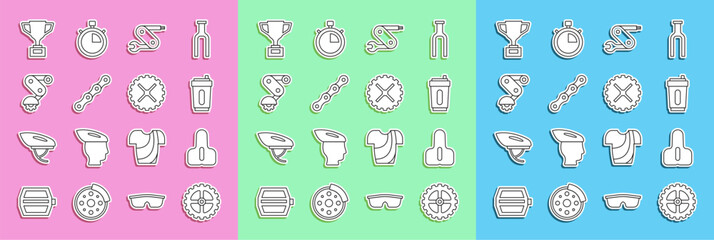 Set line Bicycle sprocket crank, seat, Sport bottle with water, Swiss army knife, chain, Derailleur bicycle rear, Award cup and icon. Vector