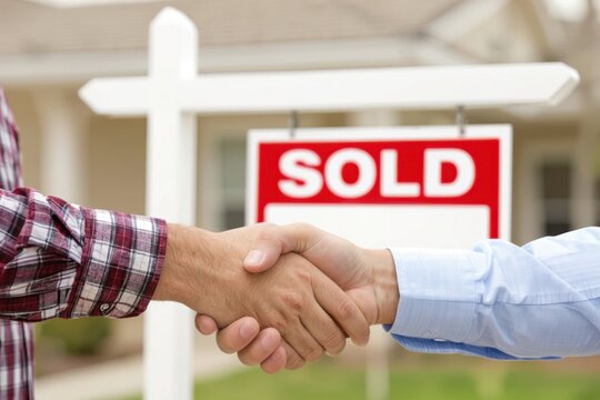 Handshake in front of a sold sign, symbolizing a successful real estate deal - Powered by Adobe