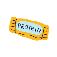 Protein bar, blue label with text, simple design, health, snack illustration. Food, wellness concept. Vector illustration, hand drawn, flat, minimal, doodle design. Protein bar, food supplements icon