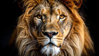 Naklejka premium Close-up portrait of a majestic lion, its amber eyes intense against a dark background