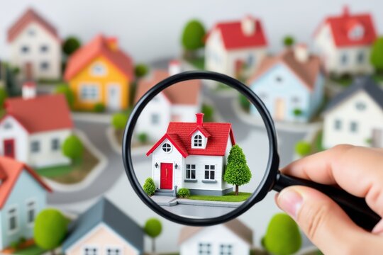 Magnifying glass focusing on a house model, representing real estate market search
