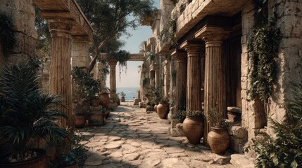 Ancient ruins by the sea, Mediterranean inspiration, weathered stone columns