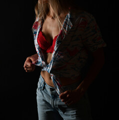 frau, schönheit, gestalten, person, black, business, ausziehen, unterwäsche, bh, push-up, bauchfrei, piercing, hand, leitbild, körper, leute, bekleidung, hemd, bluse, straff, bauchmuskeln, gesicht, st