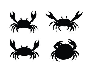 Set of four distinct black crab silhouettes showcasing different poses and angles on a clean white background