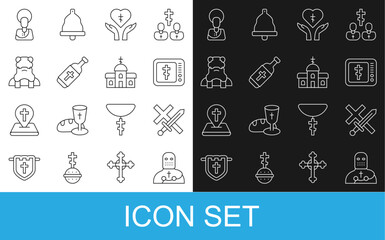 Naklejka premium Set line Knight crusader, Crusade, Online church pastor preaching, Religious cross heart, Holy water bottle, Priest, Jesus Christ and Church building icon. Vector