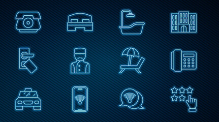 Set line Stars rating, Telephone handset, Bathtub, Concierge, Digital door lock, Sunbed with umbrella and Hotel room icon. Vector