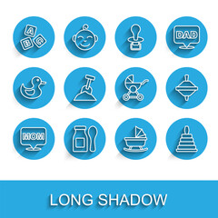 Set line Speech bubble mom, Yogurt in bottle with spoon, ABC blocks, Baby stroller, Pyramid toy, Sandbox sand and shovel, Whirligig and icon. Vector