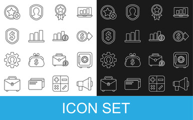 Set line Megaphone, Safe, Coin money with dollar, Medal star, Pie chart infographic, Shield, Star and and icon. Vector