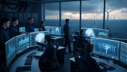 Engineers in a high-tech control room use numerous screens displaying complex data to manage an offshore wind farm during a storm, symbolizing modern, sustainable energy under intense conditions.