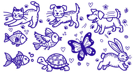 Obraz premium Illustration of cute animal hand drawn doodle set isolated on transparent background