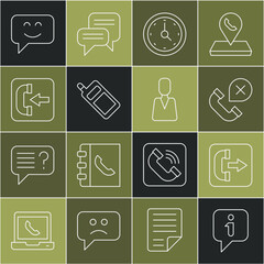 Set line Information, Outgoing call phone, Declined missed, Clock, Mobile, Incoming, Smile face and Employee icon. Vector