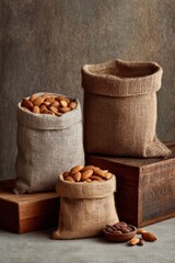 Fototapeta premium Burlap sacks filled with almonds on rustic wooden blocks and textured background. Reusable treat bags made from burlap. Eco packaging or natural product concept
