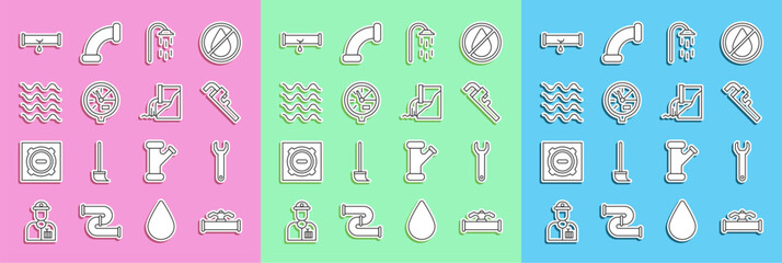 Set line Industry pipe and valve, Wrench spanner, Pipe adjustable wrench, Shower, Water meter, Wave, Broken with leaking water and Wastewater icon. Vector