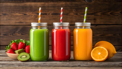 Three colorful mason jar drinks with fresh fruits refreshing healthy beverages