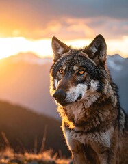 Wolf at sunset in mountains