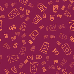 Obraz premium Brown line Yogurt container icon isolated seamless pattern on red background. Yogurt in plastic cup. Vector