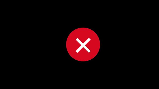 A checkmark in arrow, cross or false and closed icon animation on red circle with black background.
