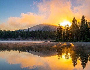 Fototapeta premium Firefly_Golden sunrise reflecting on a calm mountain lake,