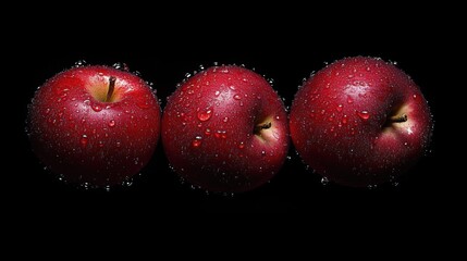 Three Shiny Red Apples with Water Droplets on Black Background